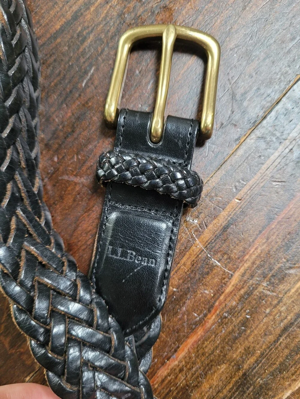 LL Bean Belt Braided Leather Black Brass Buckle 36